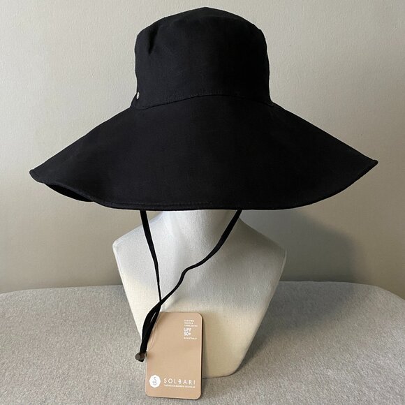 NWT Solbari Ultra Wide Cotton Linen Hat UPF 50+ Black Small/Medium - Picture 1 of 11